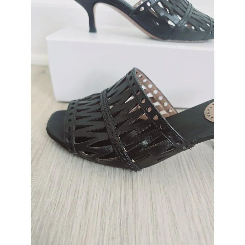Alaia Paris Cutout Leather Black Slip On Open Toe Kitten Heels Mules Shoes 37 7 - Picture 2 of 11